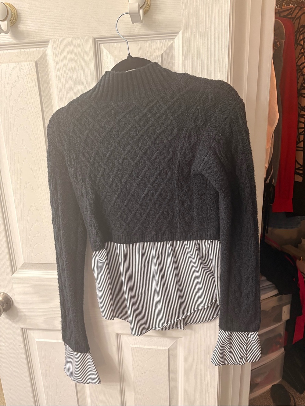 Anthropologie Black Cable-Knit Pullover with Striped Hem